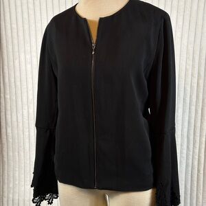 NWT Mika Mindel full zip bell sleeve lace trim dress blazer jacket M collarless
